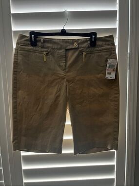 MICHAEL Michael Kors Khaki Bermuda Shorts with Gold Zip Accents
